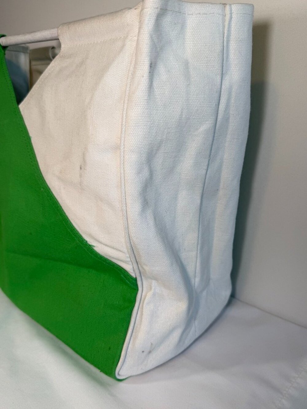 80s Wooden Handle Colorblock Canvas Tote Green White Bag Vintage - Picture 5 of 12
